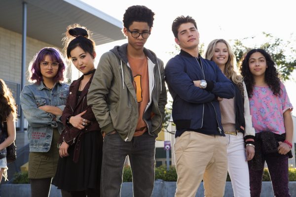RUNAWAYS - "Pilot" - Episode 101 - Every teenager thinks their parents are evil. What if you found out they actually were?  Marvelﾕs Runaways is the story of six diverse teenagers who can barely stand each other but who must unite against a common foe ﾐ their parents. The 10-episode series premieres Tuesday, November 21st. The series stars Rhenzy Feliz, Lyrica Okano, Virginia Gardner, Ariela Barer, Gregg Sulkin, Allegra Acosta, Annie Wersching, Ryan Sands, Angel Parker, Ever Carradine, James Marsters, Kevin Weisman, Brigid Brannah, James Yaegashi, Brittany Ishibashi, and Kip Pardue. From left: Gert Yorkes (Ariela Barer), Nico Minoru (Lyrica Okano), Alex Wilder (Rhenzy Feliz), Chase Stein (Gregg Sulkin), Karolina Dean (Virginia Gardner) and Molly Hernandez (Allegra Acosta), shown. (Photo by: Paul Sarkis/Hulu)